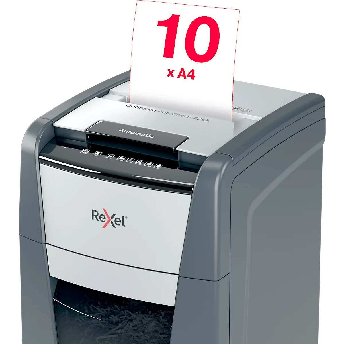 Rexel Optimum AutoFeed+ 225X Aktenvernichter P4, Vollautomatik, Partikelschnitt 4 x 25 mm, 60 l, 225 Blatt Schnittleistung, mit Rollen, schwarz