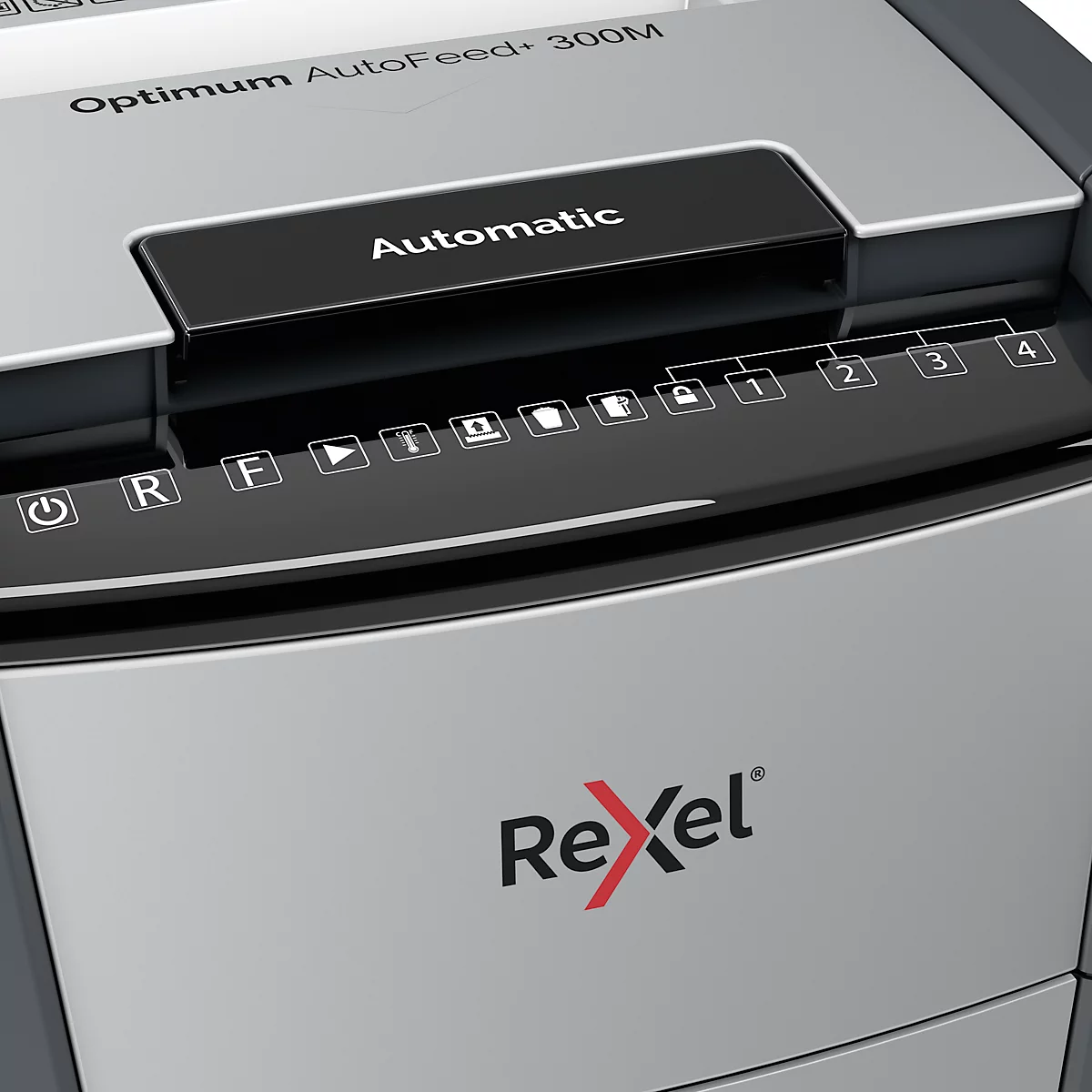 Rexel Optimum AutoFeed+ 300M Aktenvernichter P5, Vollautomatik, Mikroschnitt 2 x 15 mm, 60 l, 300 Blatt Schnittleistung, mit Rollen, schwarz