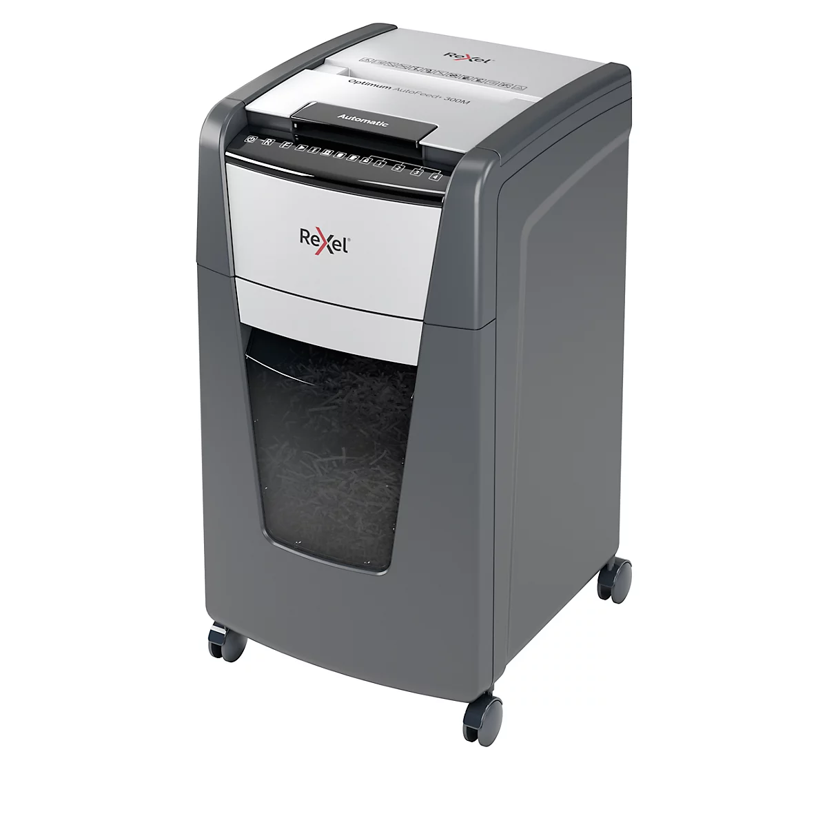 Rexel Optimum AutoFeed+ 300M papiervernietiger P5, volautomatisch, microsnede 2 x 15 mm, 60 l, snijcapaciteit van 300 vellen, met rollen, zwart