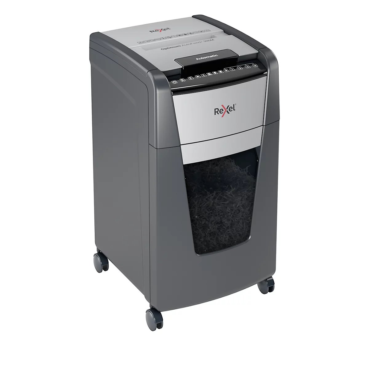 Rexel Optimum AutoFeed+ 300M papiervernietiger P5, volautomatisch, microsnede 2 x 15 mm, 60 l, snijcapaciteit van 300 vellen, met rollen, zwart