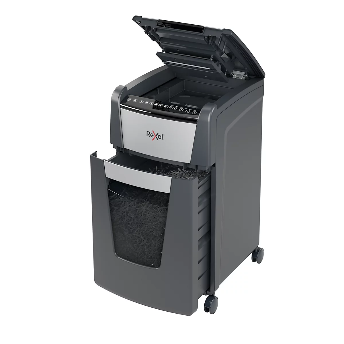 Rexel Optimum AutoFeed+ 300M papiervernietiger P5, volautomatisch, microsnede 2 x 15 mm, 60 l, snijcapaciteit van 300 vellen, met rollen, zwart