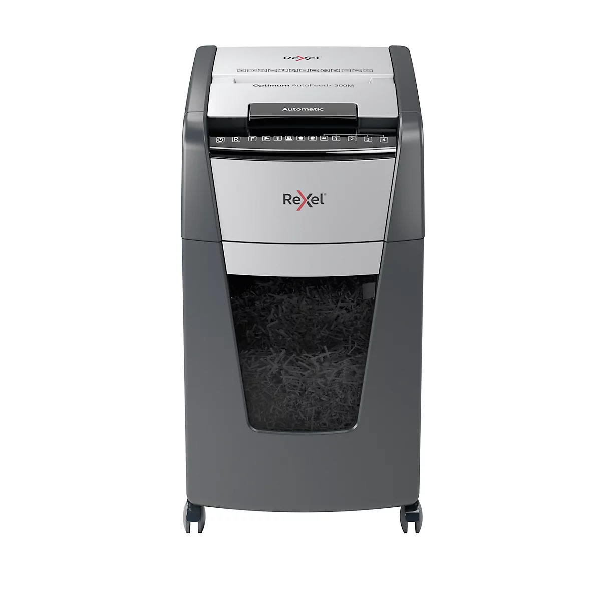 Rexel Optimum AutoFeed+ 300M papiervernietiger P5, volautomatisch, microsnede 2 x 15 mm, 60 l, snijcapaciteit van 300 vellen, met rollen, zwart