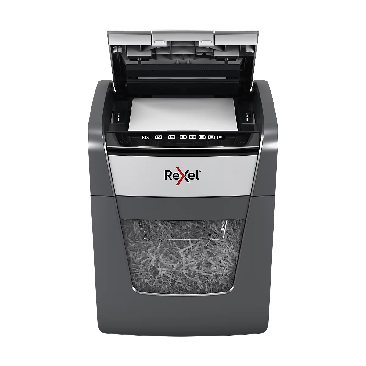 Paper shredder with the top open. The Rexel brand is visible.
