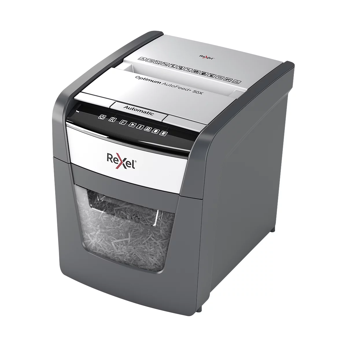 Gray paper shredder with white top, 'Rexel' lettering, shredded paper visible.