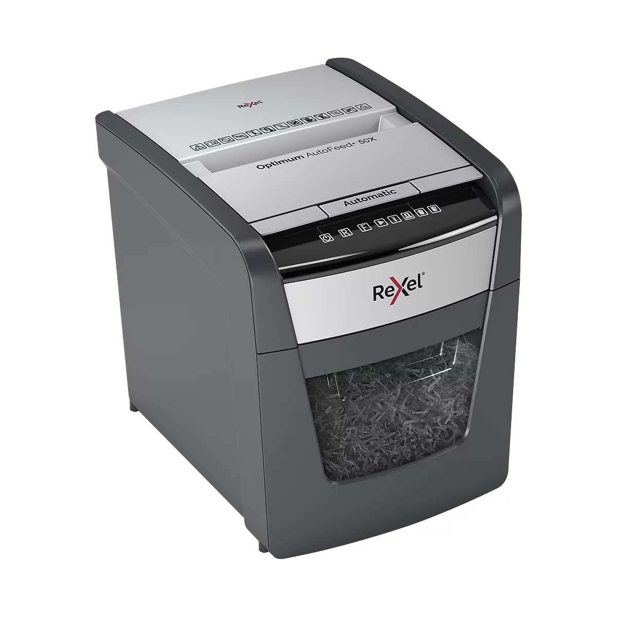 Gray paper shredder with silver elements. "Optimum AutoFeed+ 50X" at the top, "Automatic" below, and a "Rexel" logo.