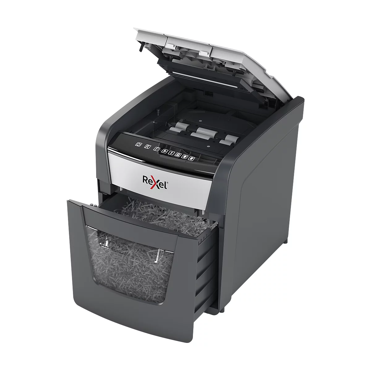 Gray paper shredder with open flap and pulled-out collection drawer. Inside are shredded paper strips.