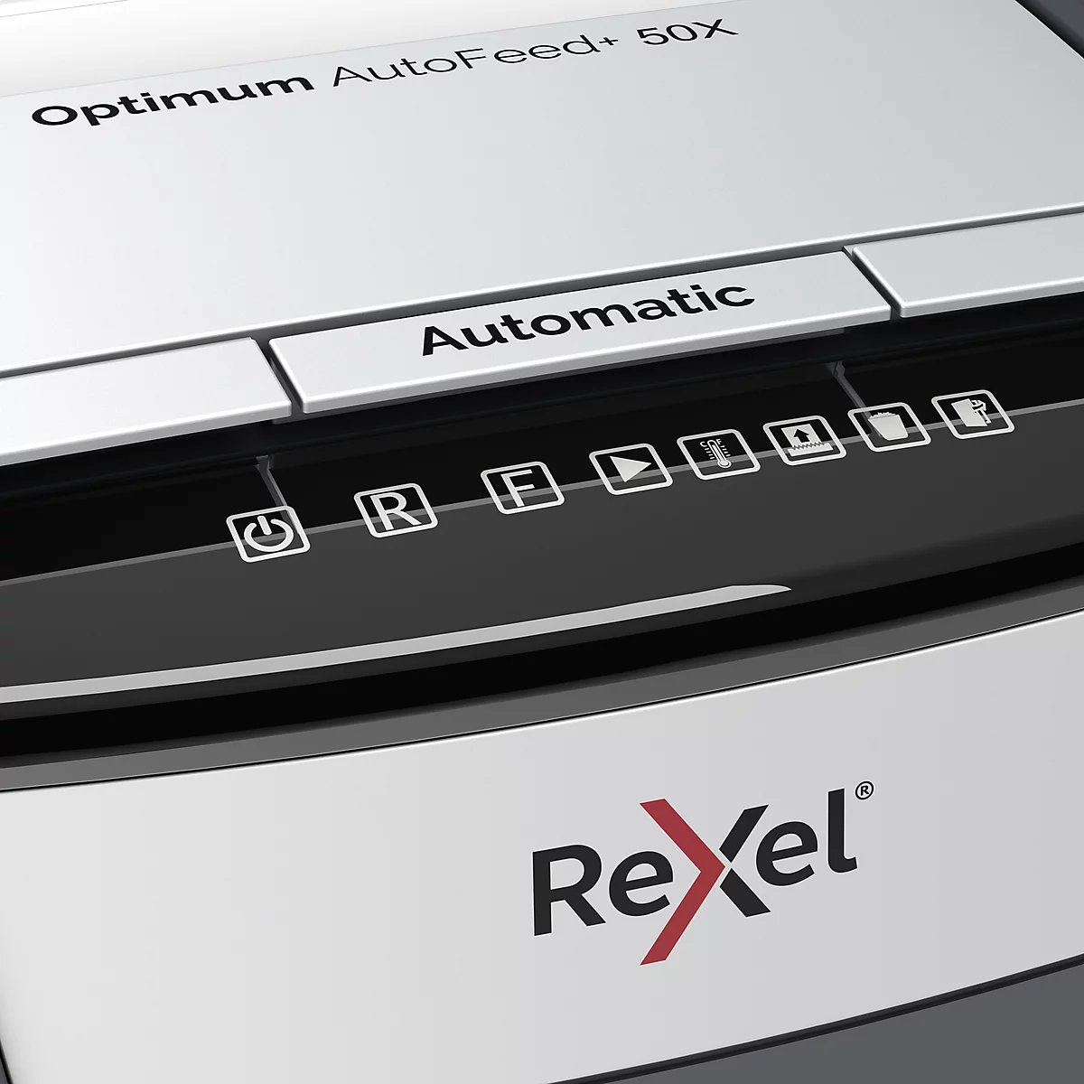 Close-up of a shredder with the Rexel logo, control buttons, and the words 'Optimum AutoFeed+ 50X'.