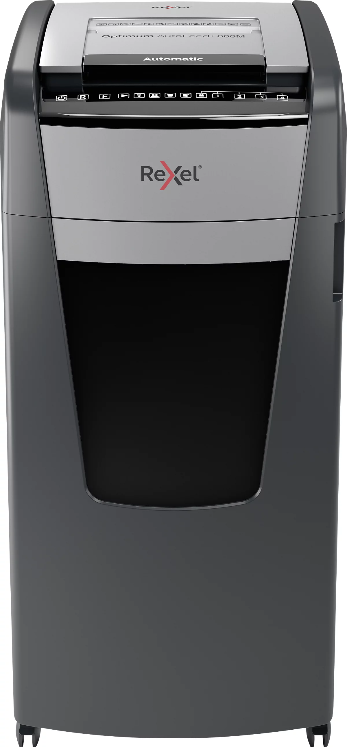 Rexel Optimum AutoFeed+ 600M Aktenvernichter P5, Vollautomatik, Mikroschnitt 2 x 15 mm, 110 l, 600 Blatt Schnittleistung, mit Rollen, schwarz