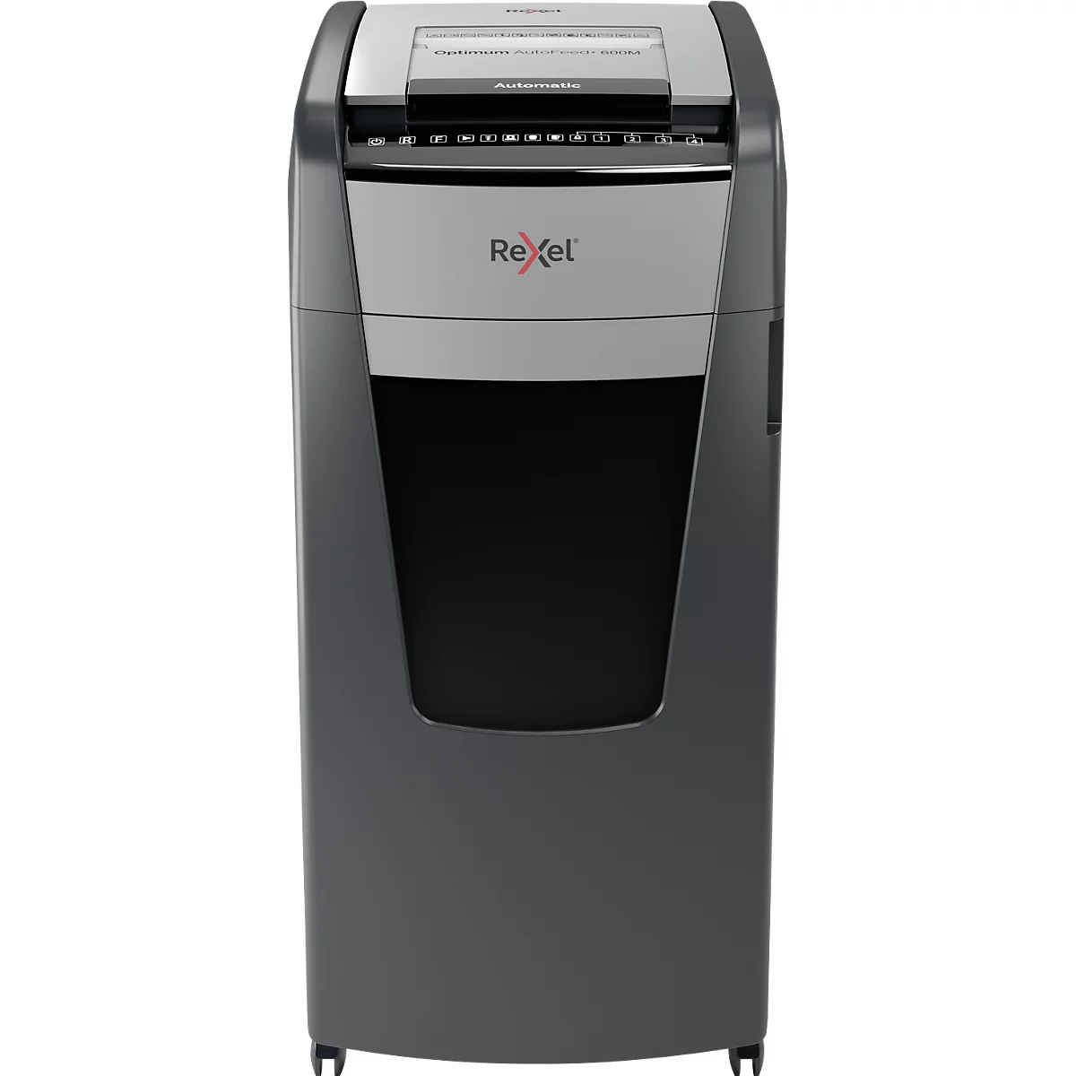 Rexel Optimum AutoFeed+ 600M papiervernietiger P5, volautomatisch, microsnede 2 x 15 mm, 110 l, snijcapaciteit 600 vel, met rollen, zwart