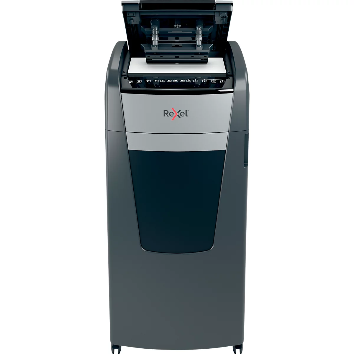 Rexel Optimum AutoFeed+ 600M papiervernietiger P5, volautomatisch, microsnede 2 x 15 mm, 110 l, snijcapaciteit 600 vel, met rollen, zwart