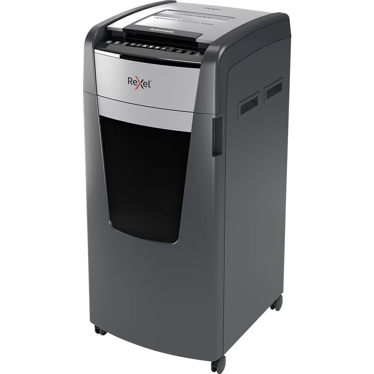 Rexel Optimum AutoFeed+ 600M papiervernietiger P5, volautomatisch, microsnede 2 x 15 mm, 110 l, snijcapaciteit 600 vel, met rollen, zwart