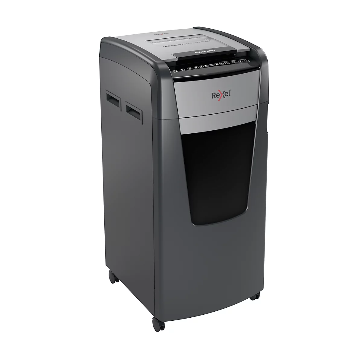 Rexel Optimum AutoFeed+ 600M papiervernietiger P5, volautomatisch, microsnede 2 x 15 mm, 110 l, snijcapaciteit 600 vel, met rollen, zwart