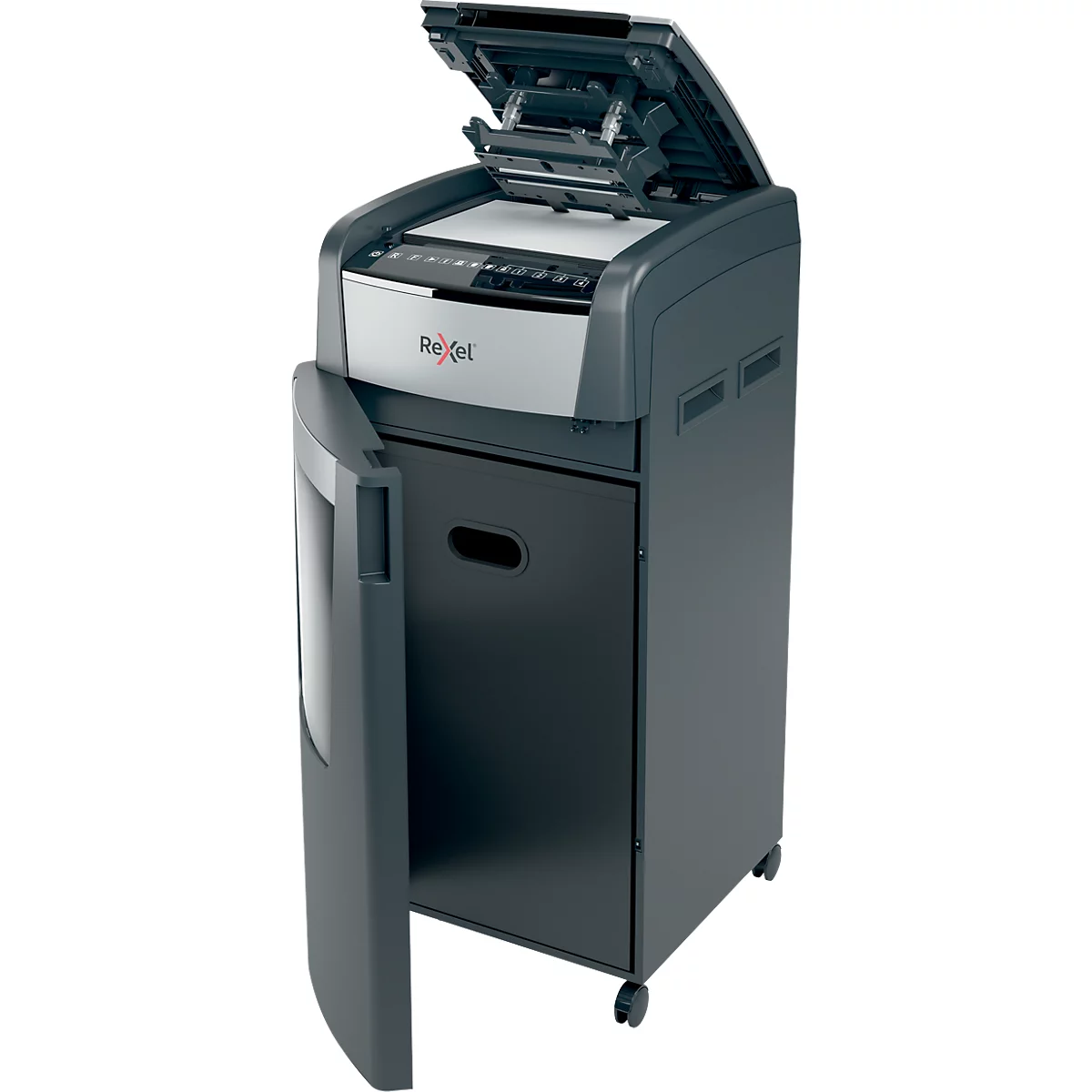 Rexel Optimum AutoFeed+ 600M papiervernietiger P5, volautomatisch, microsnede 2 x 15 mm, 110 l, snijcapaciteit 600 vel, met rollen, zwart