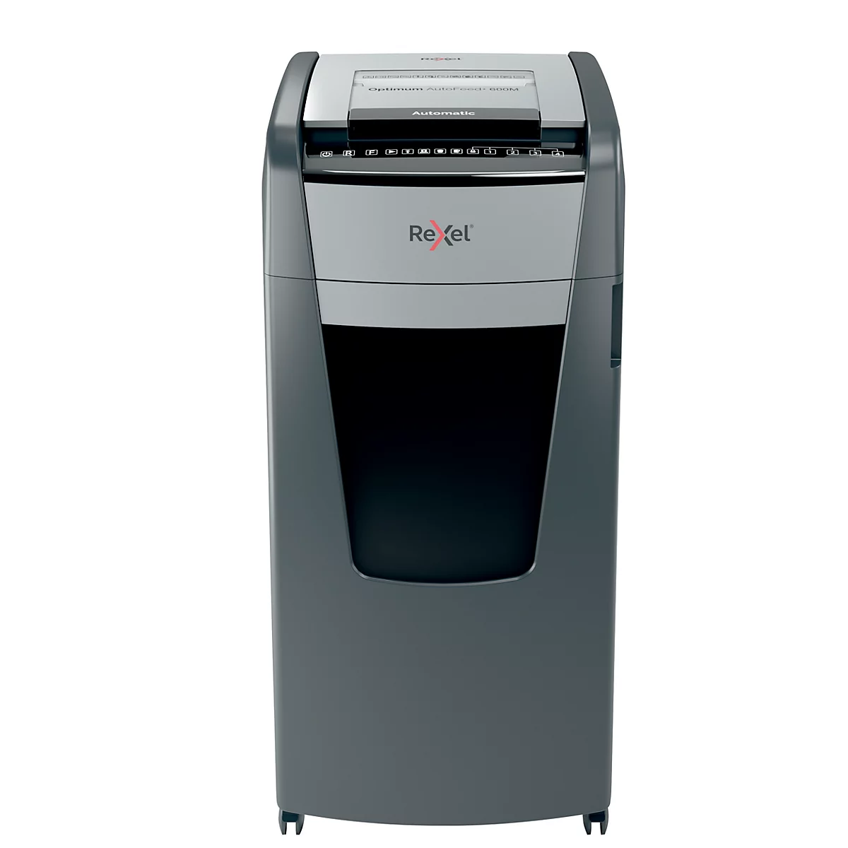 Rexel Optimum AutoFeed+ 600M papiervernietiger P5, volautomatisch, microsnede 2 x 15 mm, 110 l, snijcapaciteit 600 vel, met rollen, zwart