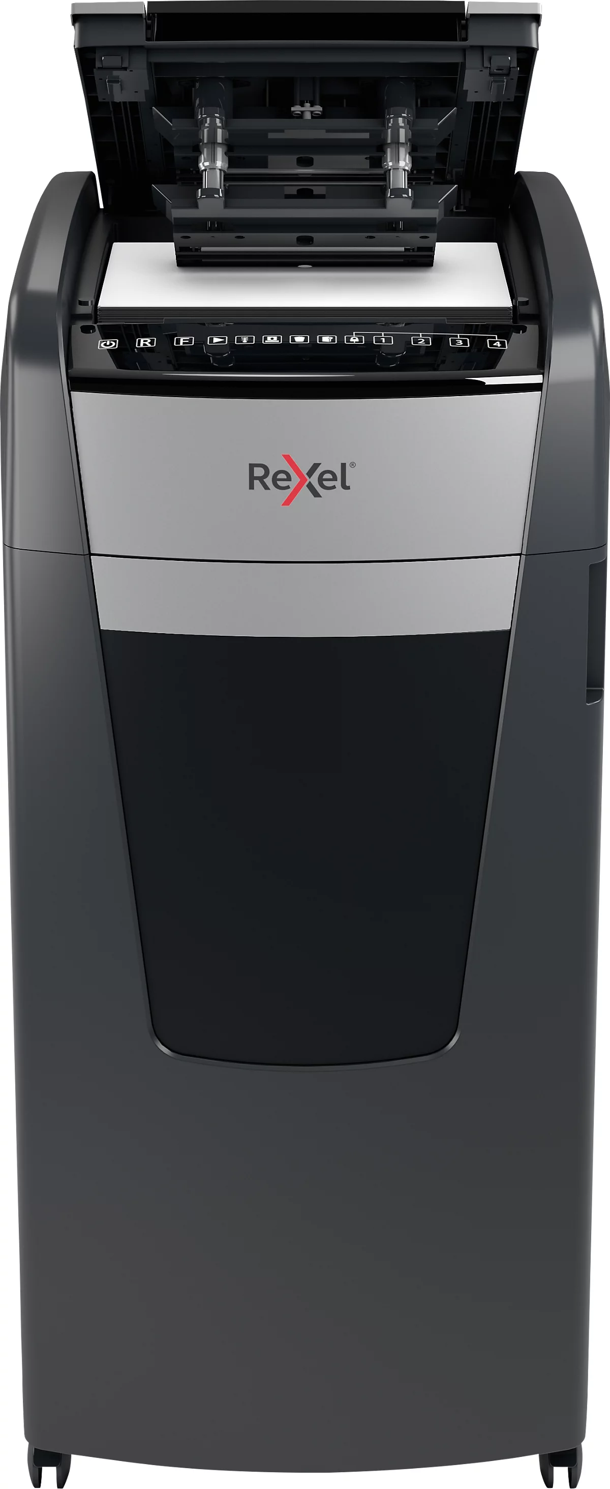 Rexel Optimum AutoFeed+ 600X Aktenvernichter P4, Vollautomatik, Partikelschnitt 4 x 36 mm, 110 l, 600 Blatt Schnittleistung, mit Rollen, schwarz