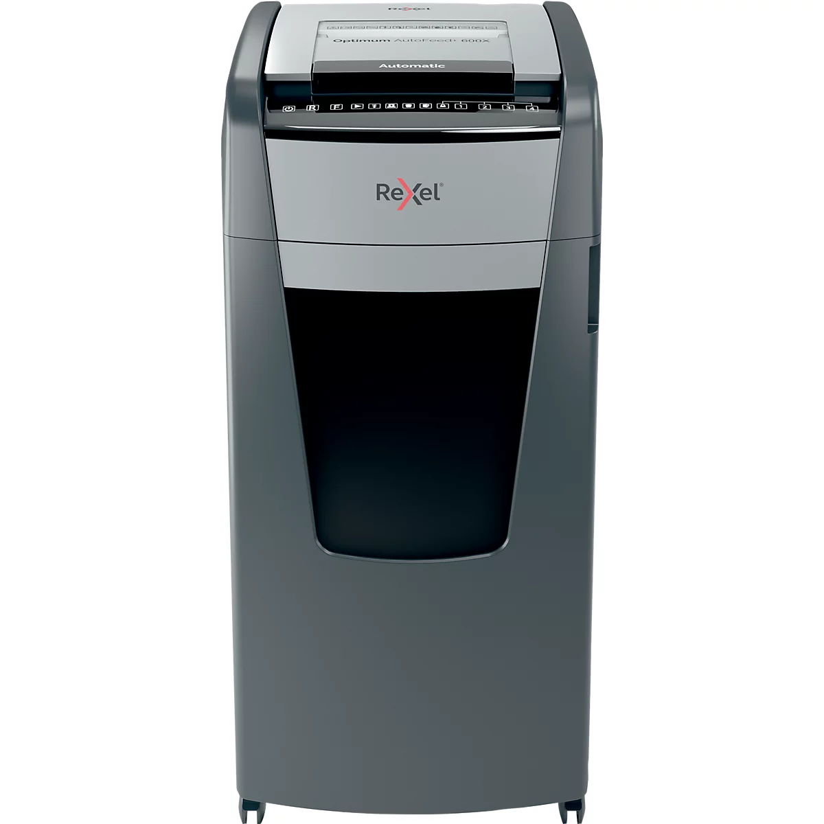 Rexel Optimum AutoFeed+ 600X papiervernietiger P4, volledig automatisch, deeltjes snijden 4 x 36 mm, 110 l, 600 vel snijcapaciteit, met rollen, zwart