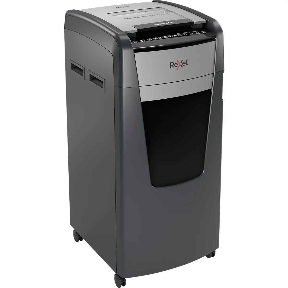 Rexel Optimum AutoFeed+ 600X papiervernietiger P4, volledig automatisch, deeltjes snijden 4 x 36 mm, 110 l, 600 vel snijcapaciteit, met rollen, zwart