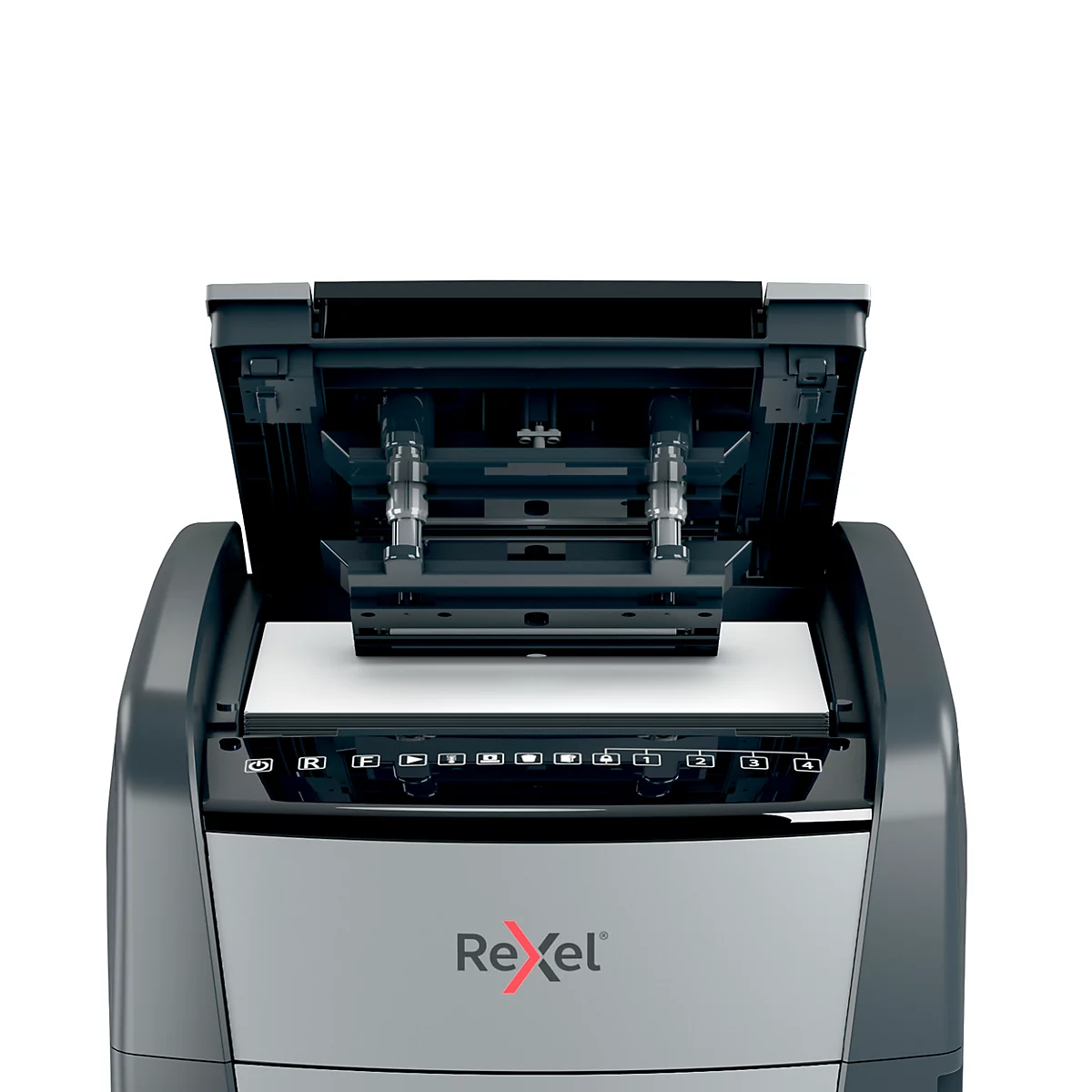 Rexel Optimum AutoFeed+ 600X papiervernietiger P4, volledig automatisch, deeltjes snijden 4 x 36 mm, 110 l, 600 vel snijcapaciteit, met rollen, zwart