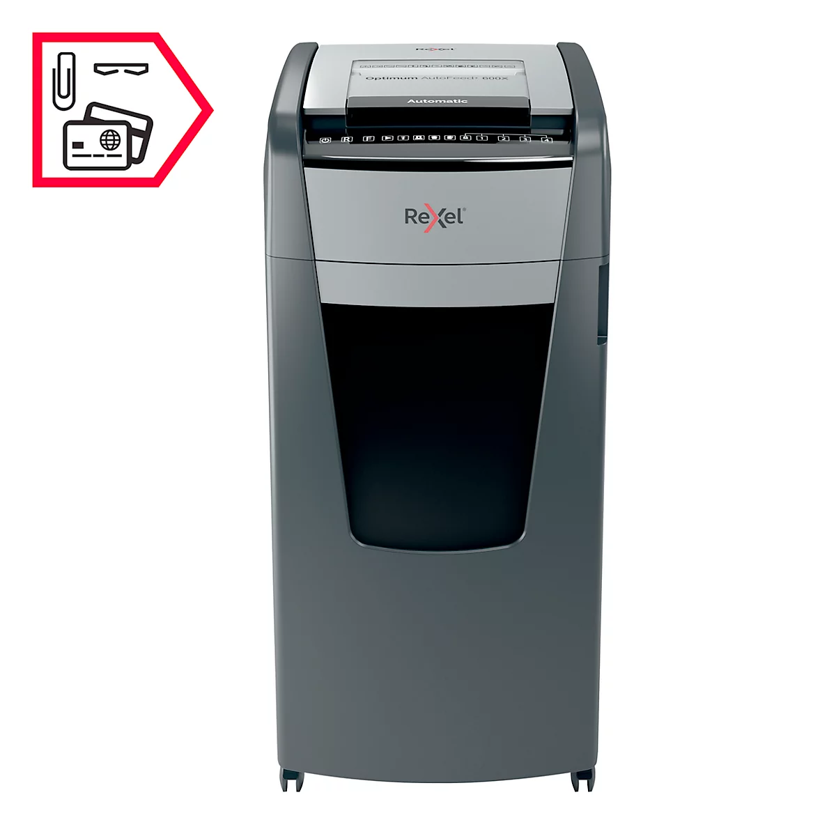 Rexel Optimum AutoFeed+ 600X papiervernietiger P4, volledig automatisch, deeltjes snijden 4 x 36 mm, 110 l, 600 vel snijcapaciteit, met rollen, zwart