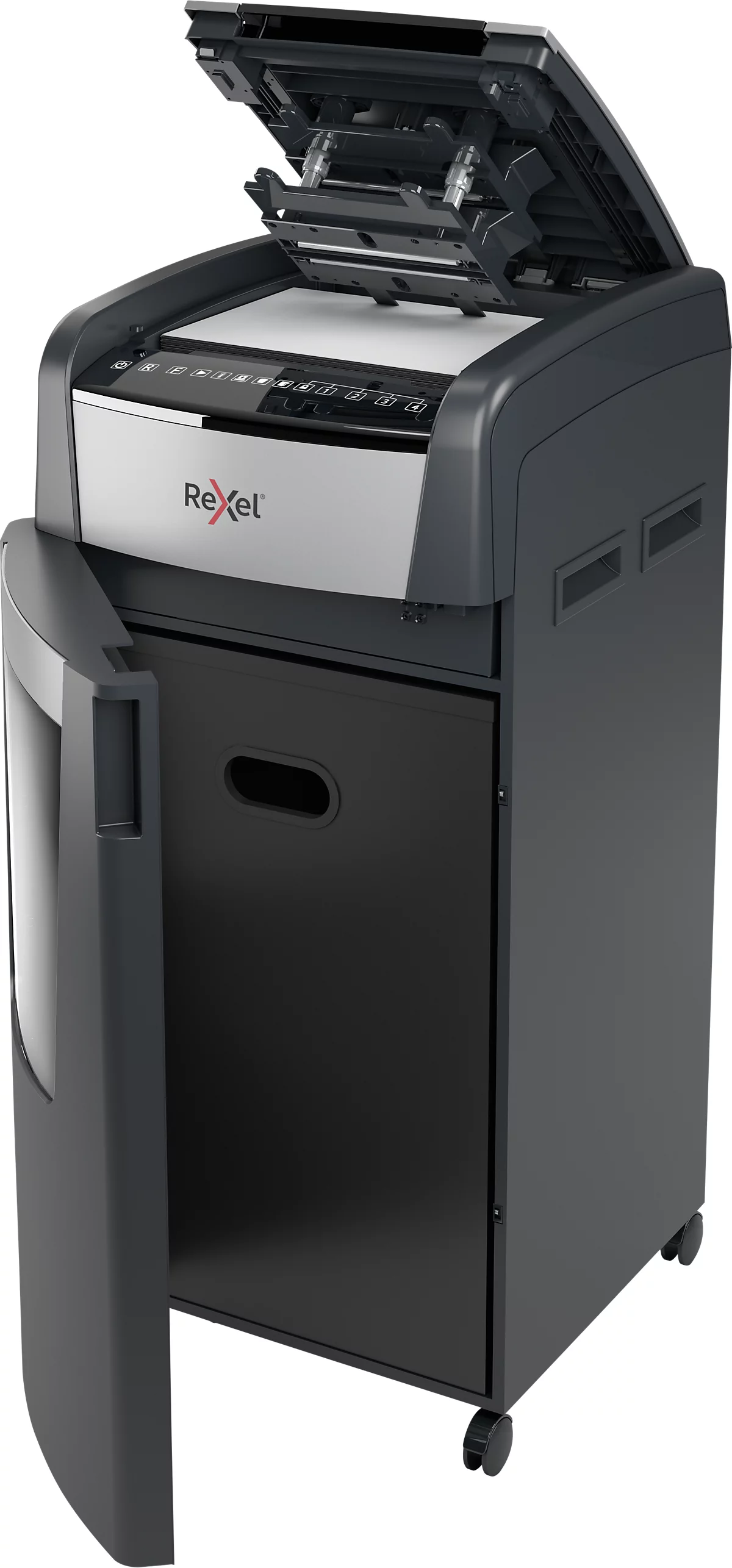 Rexel Optimum AutoFeed+ 750M Aktenvernichter P5, Vollautomatik, Mikroschnitt 2 x 15 mm, 140 l, 750 Blatt Schnittleistung, mit Rollen, schwarz