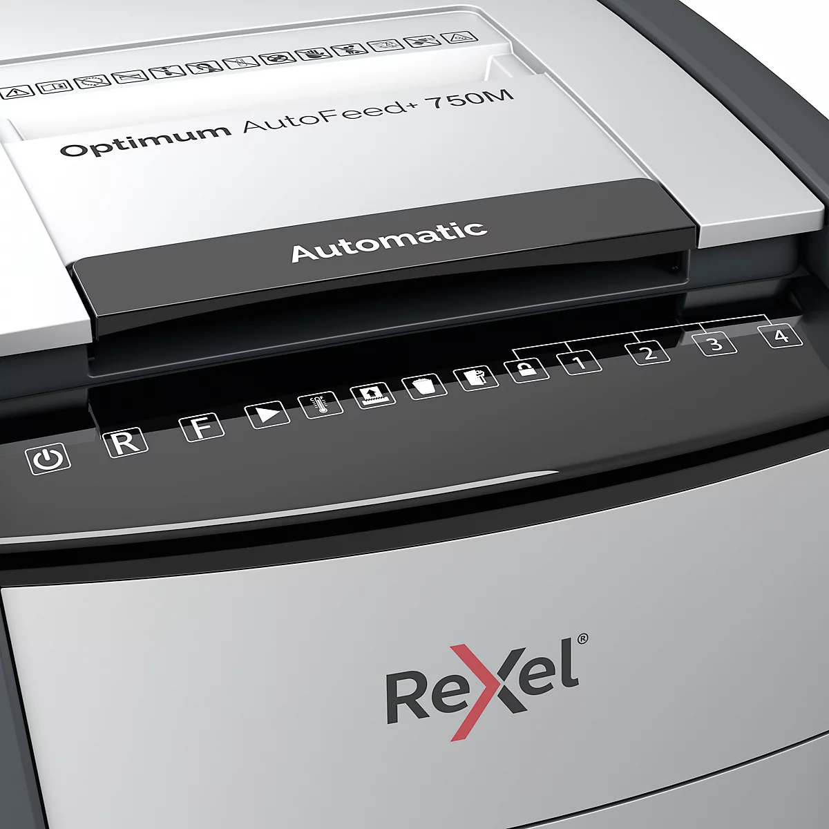 Rexel Optimum AutoFeed+ 750M Aktenvernichter P5, Vollautomatik, Mikroschnitt 2 x 15 mm, 140 l, 750 Blatt Schnittleistung, mit Rollen, schwarz