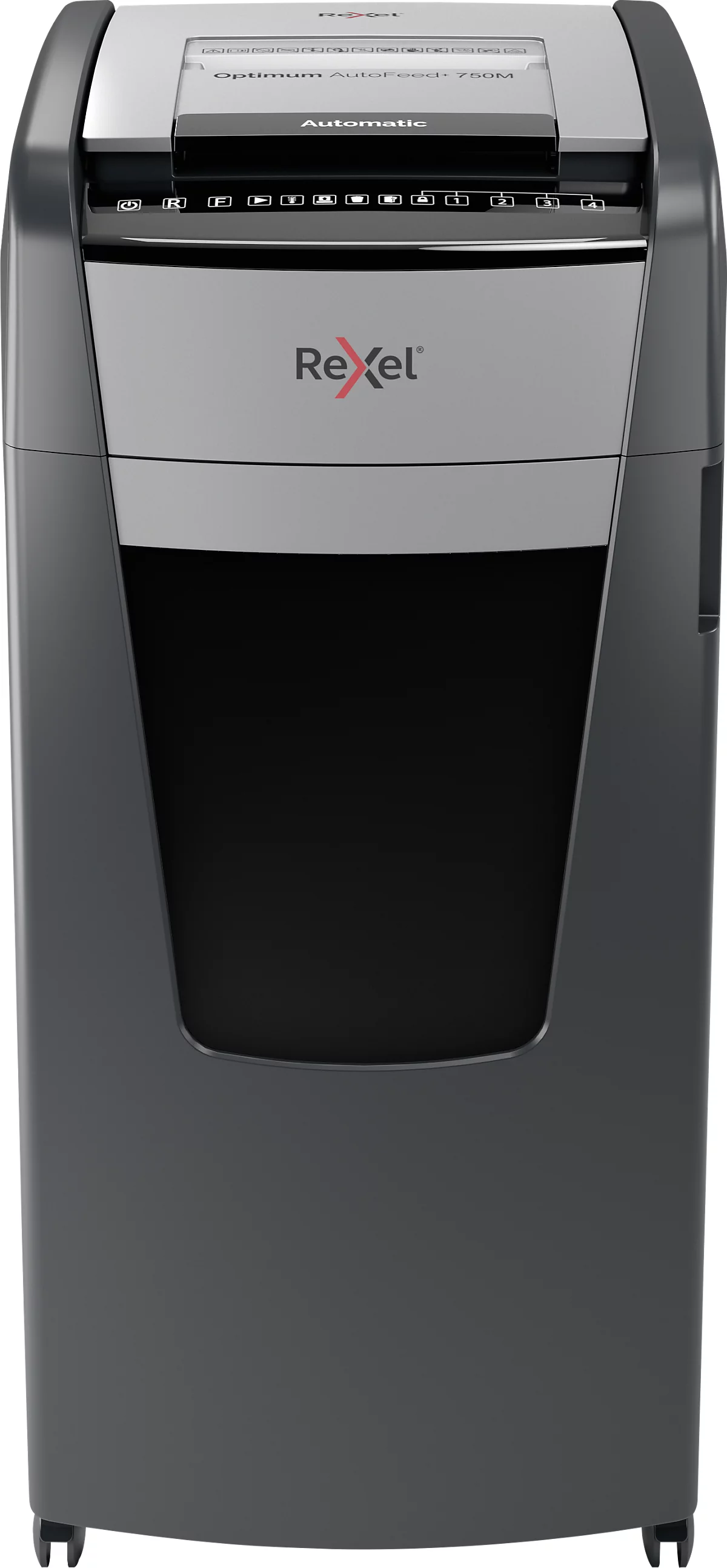 Rexel Optimum AutoFeed+ 750M Aktenvernichter P5, Vollautomatik, Mikroschnitt 2 x 15 mm, 140 l, 750 Blatt Schnittleistung, mit Rollen, schwarz