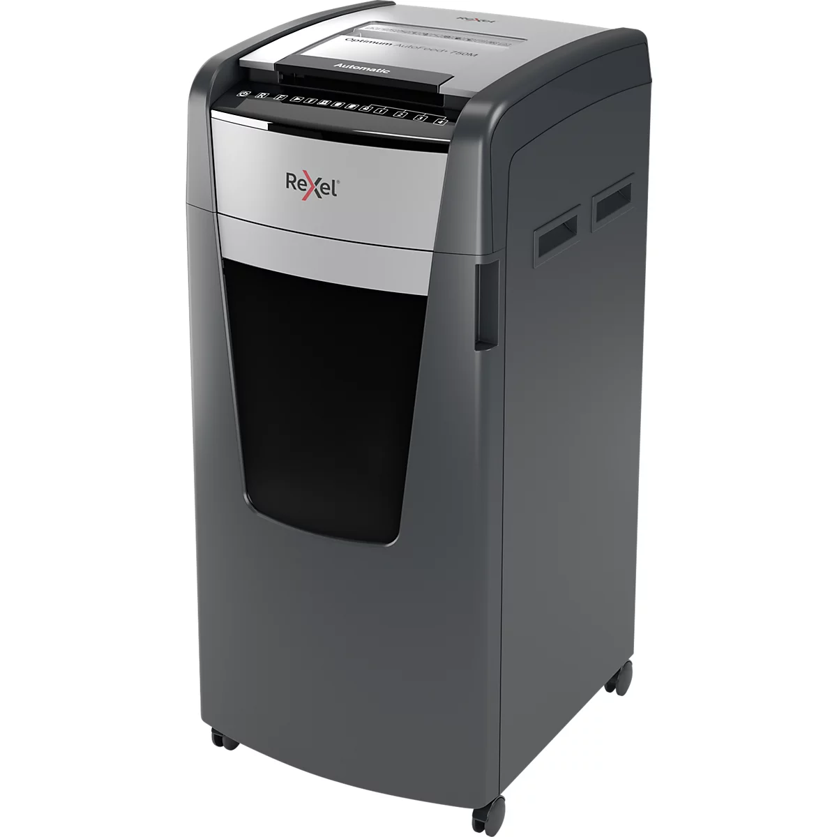 Rexel Optimum AutoFeed+ 750M papiervernietiger P5, volledig automatisch, micro cut 2 x 15 mm, 140 l, 750 vel snijcapaciteit, met rollen, zwart