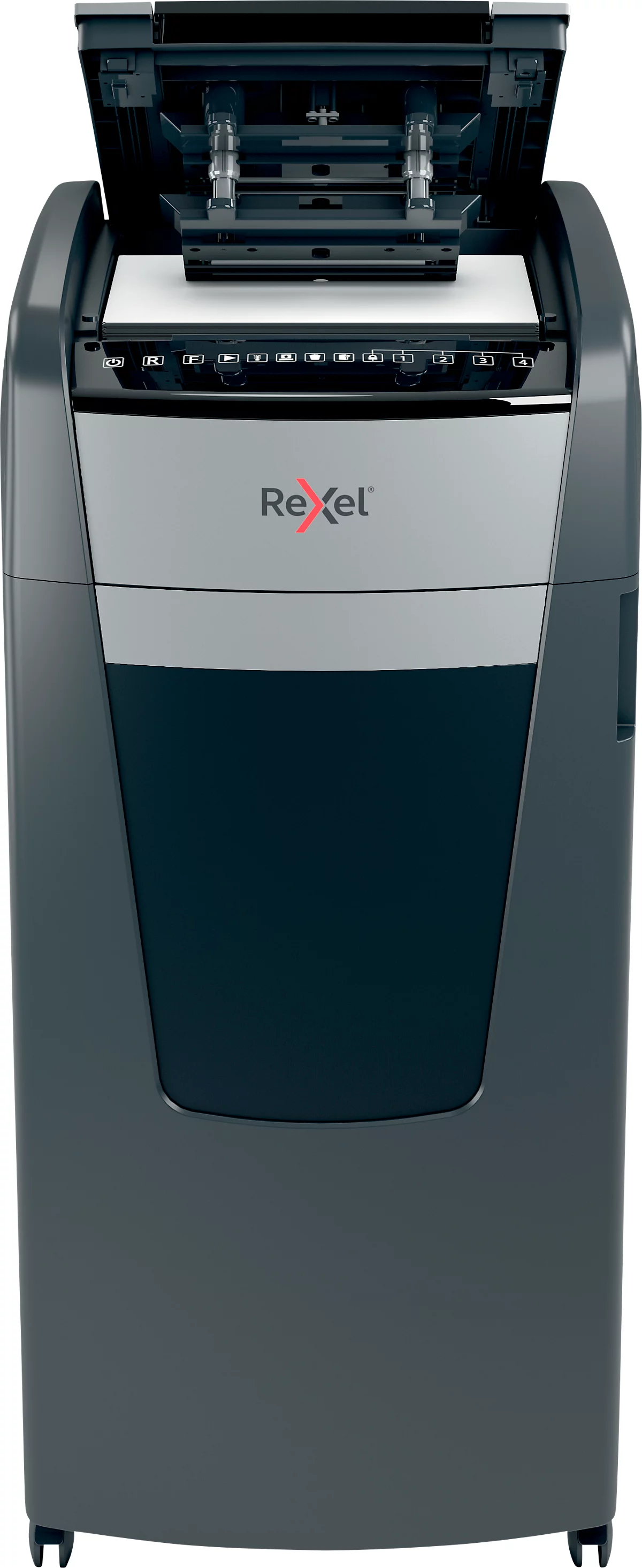 Rexel Optimum AutoFeed+ 750X Aktenvernichter P4, Vollautomatik, Partikelschnitt 4 x 30 mm, 140 l, 750 Blatt Schnittleistung, mit Rollen, schwarz