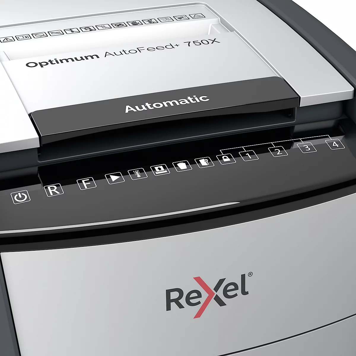 Rexel Optimum AutoFeed+ 750X Aktenvernichter P4, Vollautomatik, Partikelschnitt 4 x 30 mm, 140 l, 750 Blatt Schnittleistung, mit Rollen, schwarz