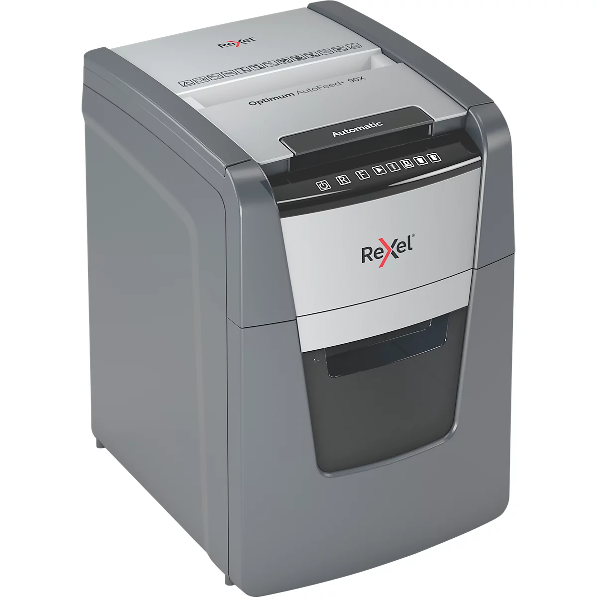 Grey paper shredder with Rexel logo. Top feed slot, control panel, and waste bin visible.