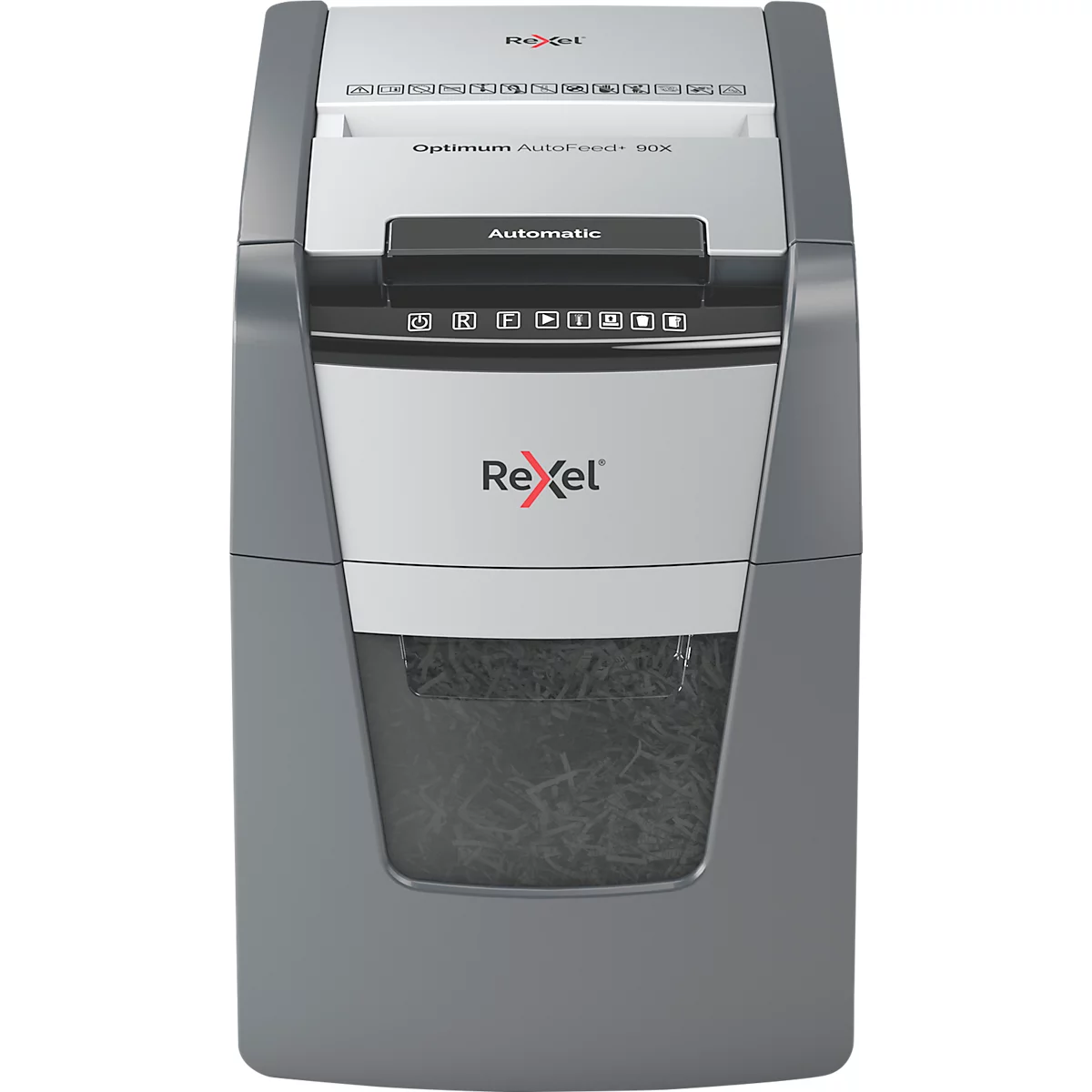 Gray paper shredder with Rexel logo and control panel. Paper waste visible in the collection container.