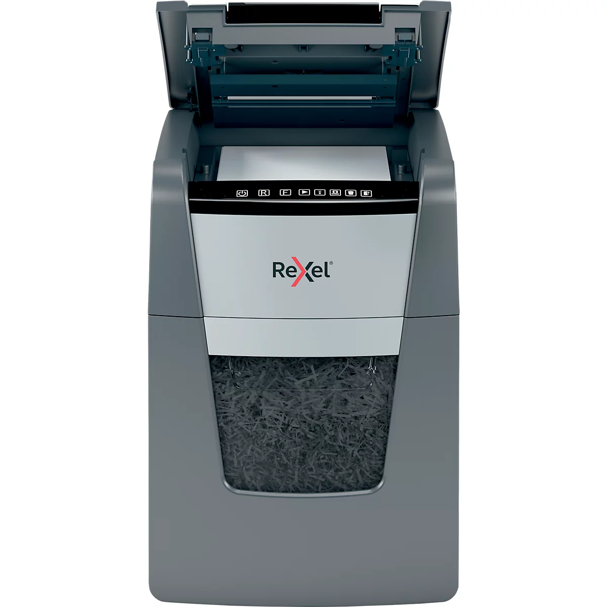 Grey paper shredder with open flap. Papers are shredded. Rexel logo.