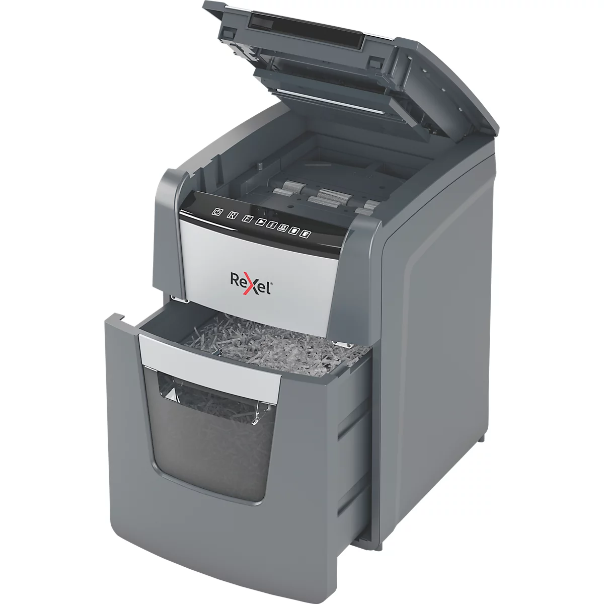 Grey paper shredder with open top, shredded paper in the bin.