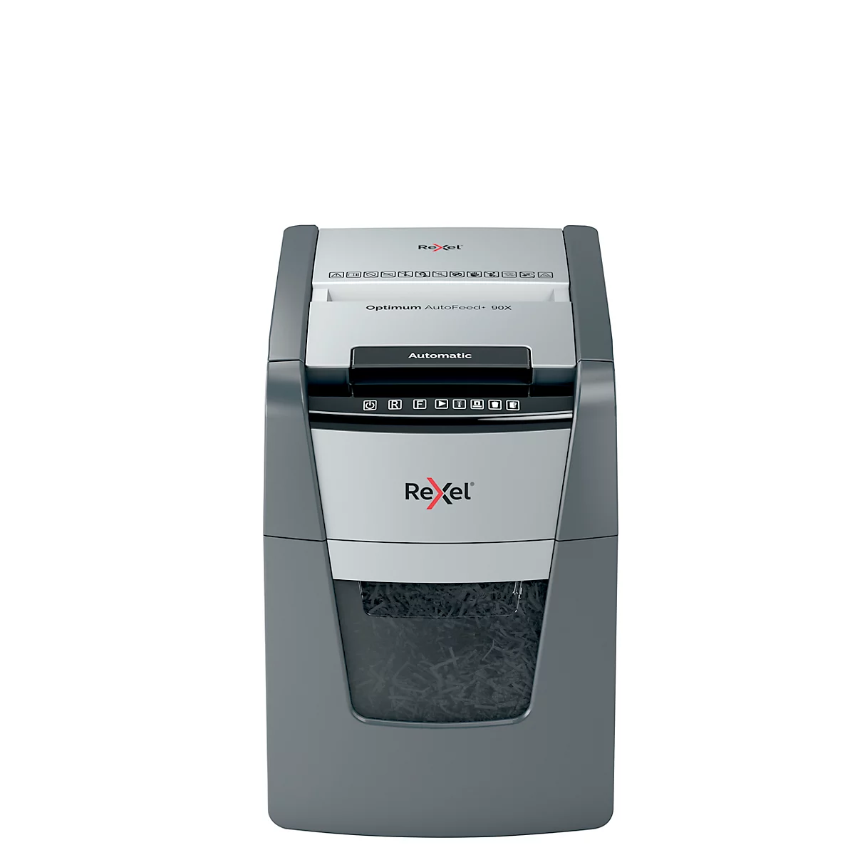 Gray paper shredder against a white background. "Rexel" and "Automatic" are visible.