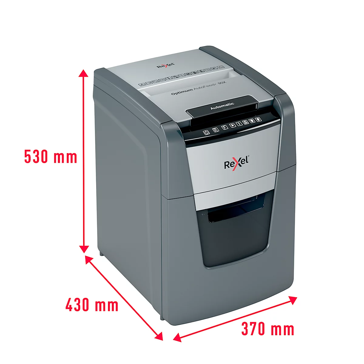 Grey paper shredder with dimensions 530 x 430 x 370 mm. The device has an input option, buttons and the "Rexel" logo.