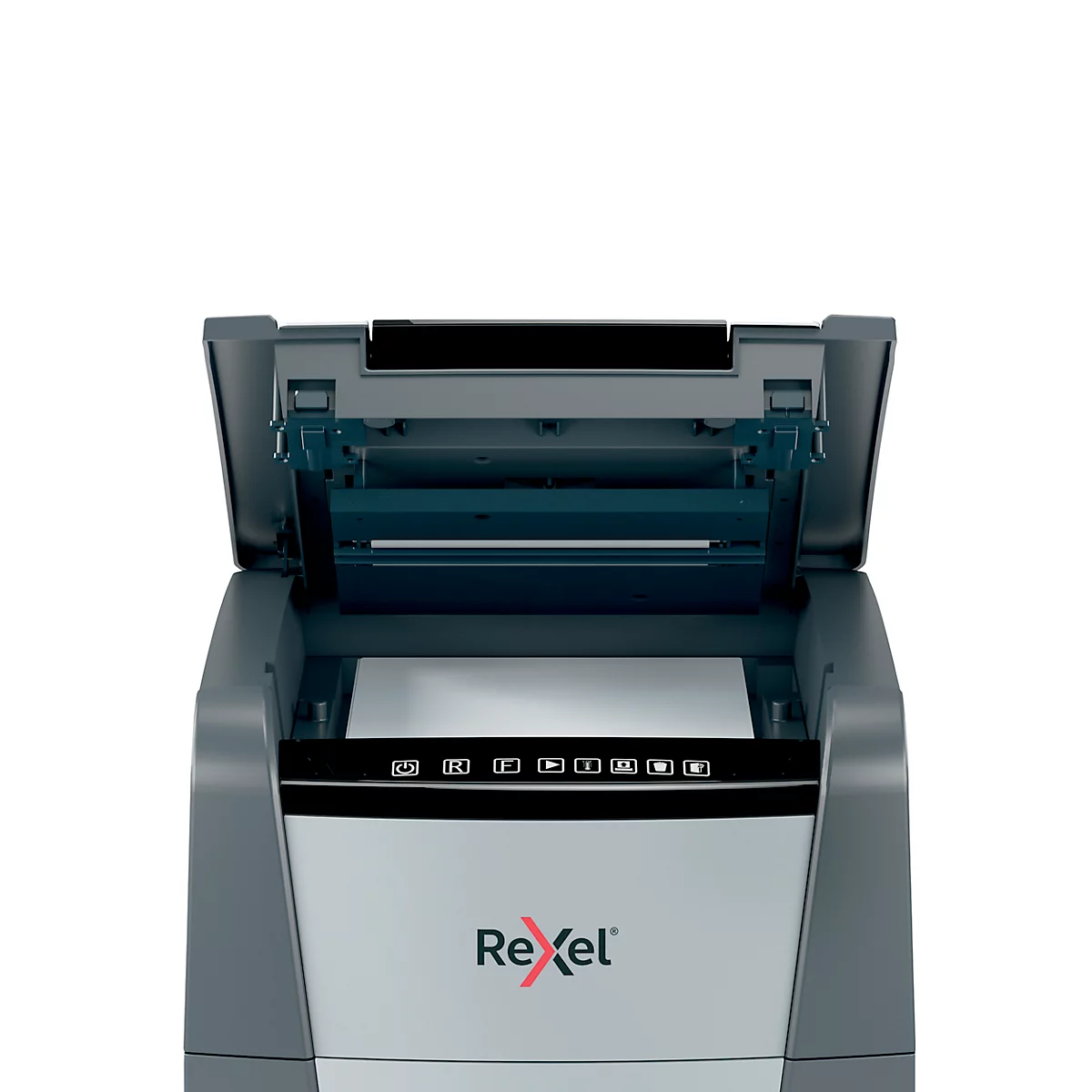 A grey paper shredder with the lid open, revealing a white sheet of paper. The Rexel logo is visible.