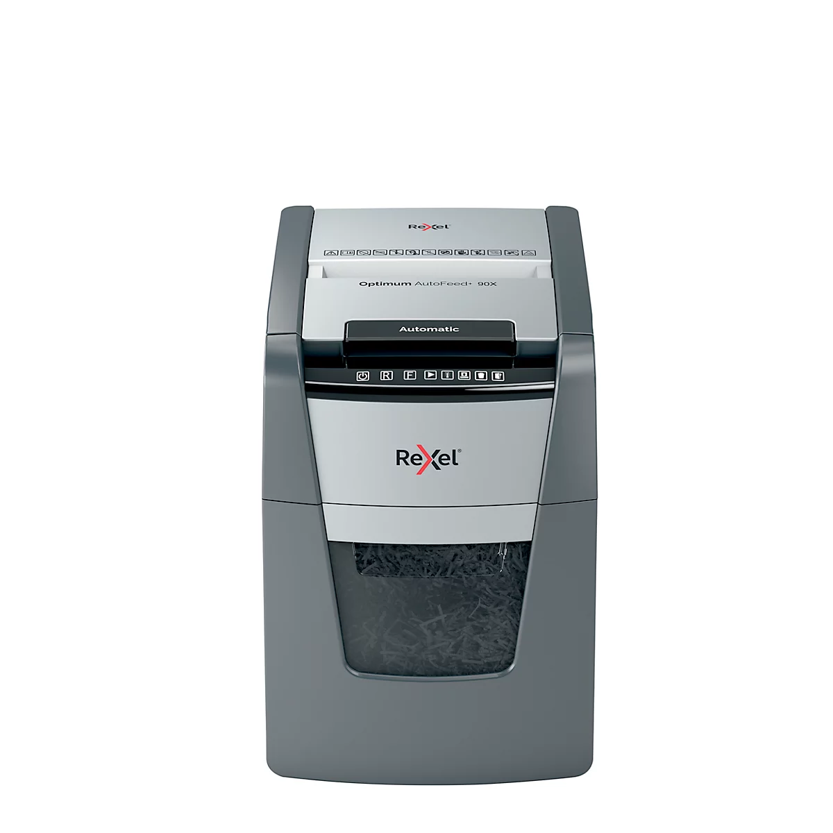 Grey paper shredder with "Rexel" logo. Above, paper feed; below, a container with shredded papers.