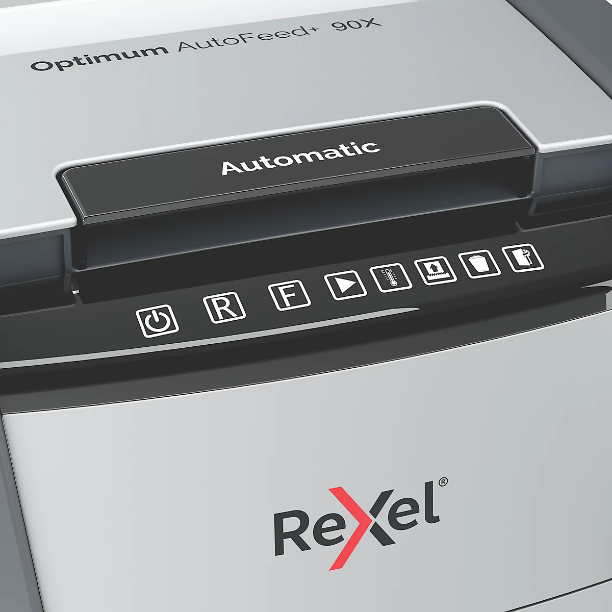 Close-up of a shredder with control elements and the Rexel logo. It displays an "Automatic" function.