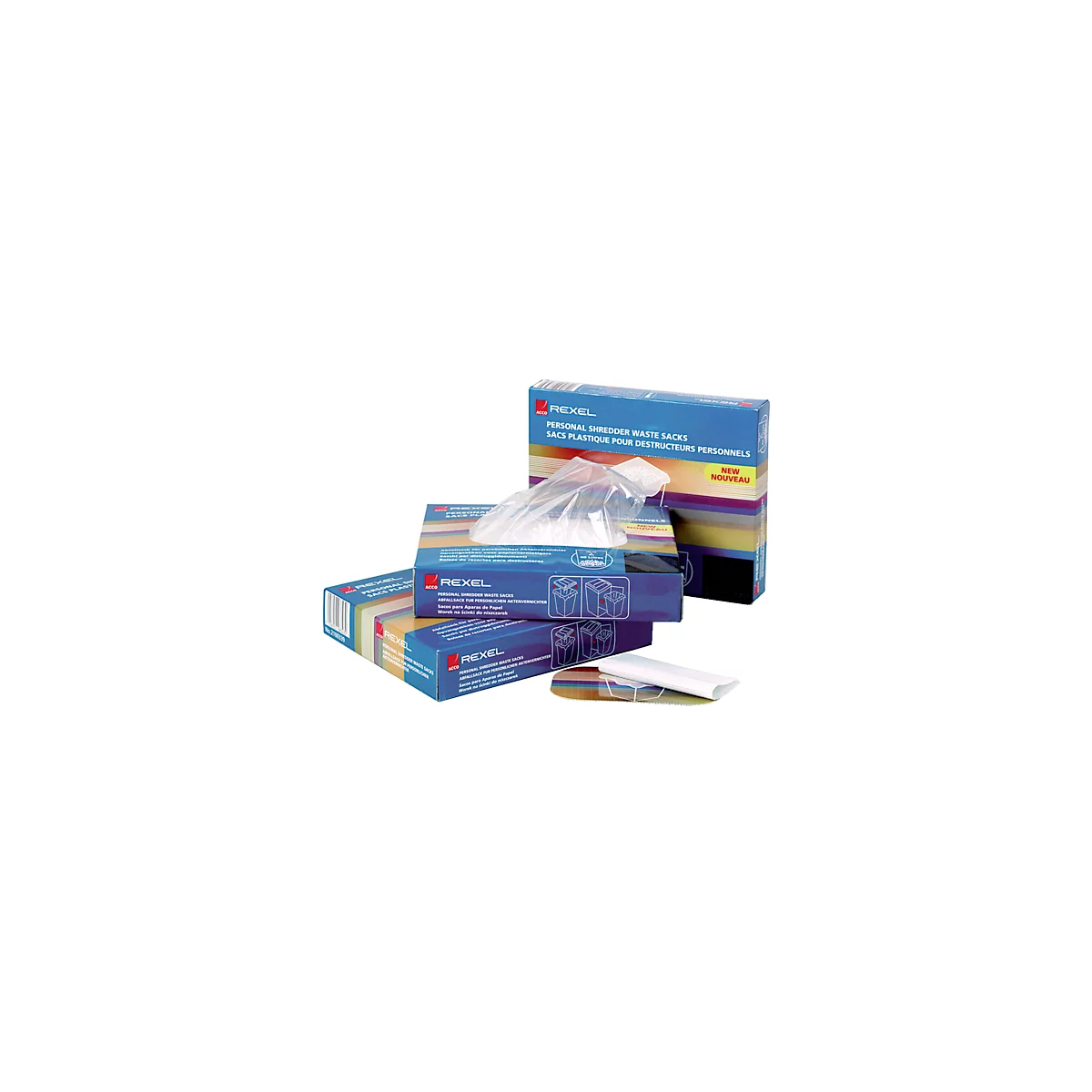 Product packaging of shredder waste bags. Blue boxes with text and open waste bag.