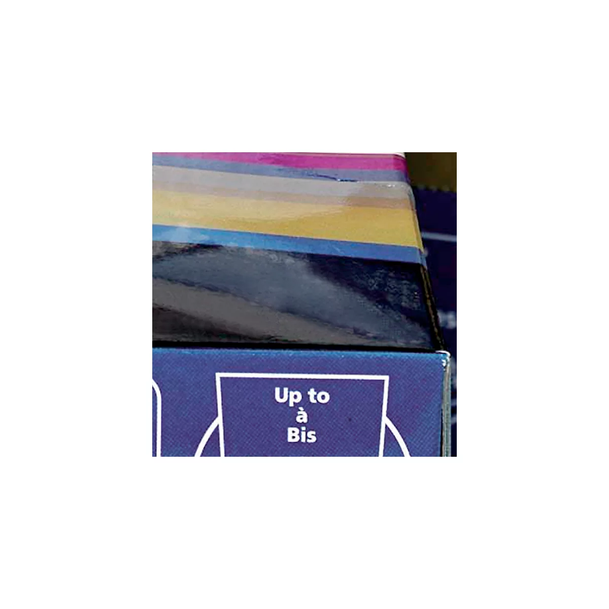 Close-up of an edge with the text "Up to à Bis" in white on a blue background. Above are layers of color.