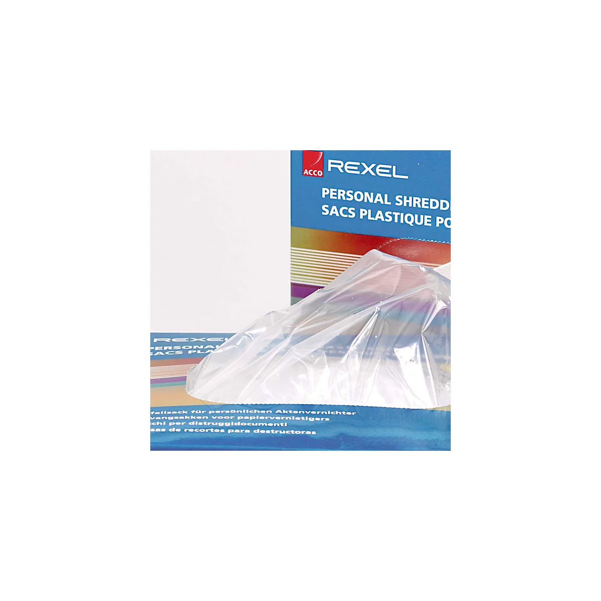 Packaging with blue writing. Inscription: Rexel, Personal Shredder and plastic bags.