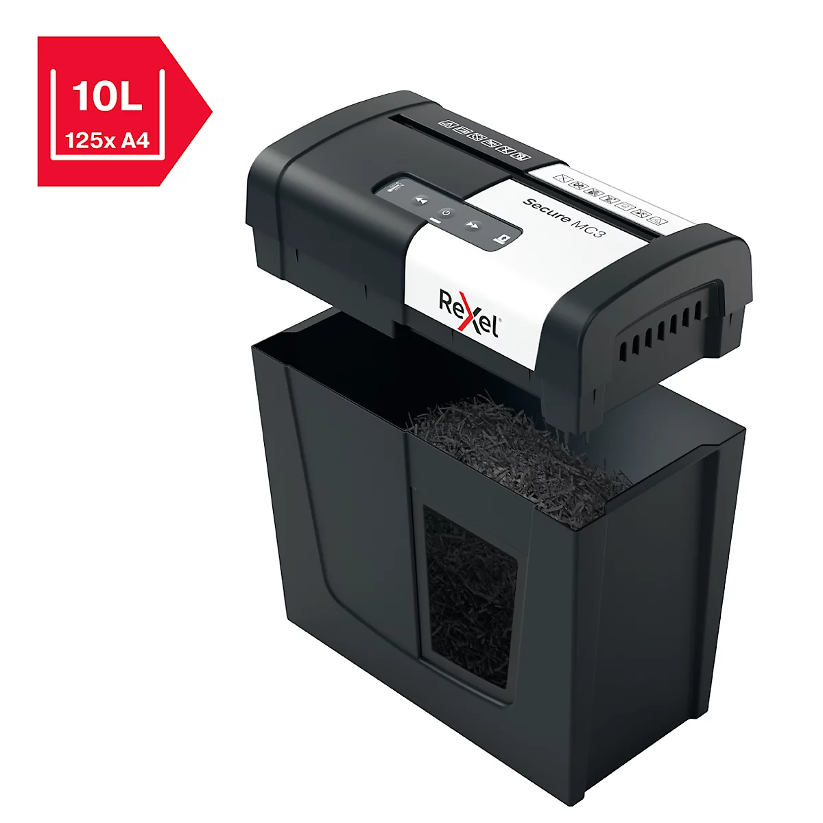Rexel Secure MC3 Whisper-Shred™ Aktenvernichter P5, Mikroschnitt 2 x 15 mm, 10 l, 3 Blatt Schnittleistung, Anti-Papierstau-Technologie, schwarz