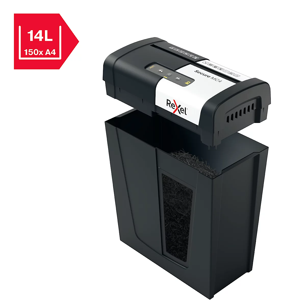 Rexel Secure MC4 Whisper-Shred™ Aktenvernichter P5, Mikroschnitt 2 x 15 mm, 14 l, 4 Blatt Schnittleistung, Anti-Papierstau-Technologie, schwarz