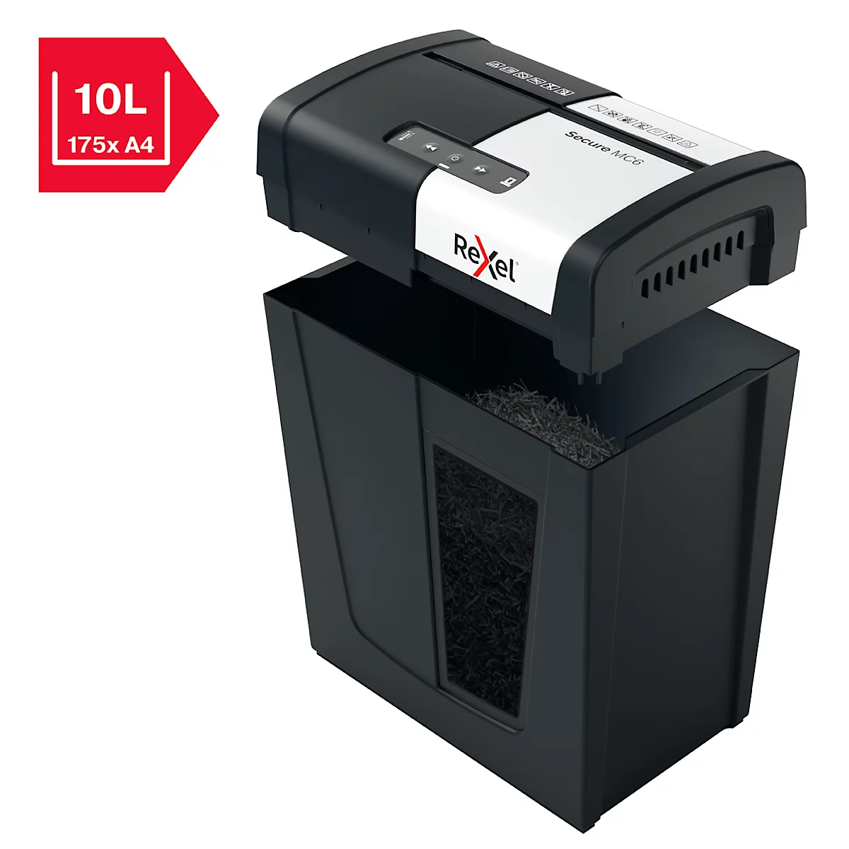 Rexel Secure MC6 Whisper-Shred™ Aktenvernichter P5, Mikroschnitt 2 x 15 mm, 18 l, 6 Blatt Schnittleistung, Anti-Papierstau-Technologie, schwarz