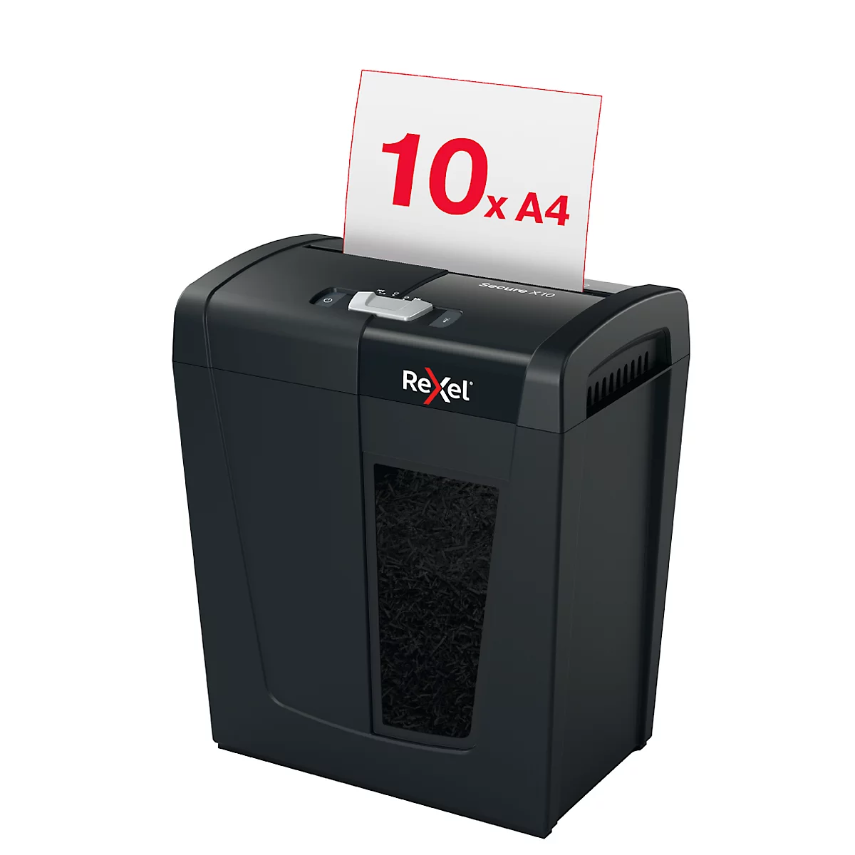Rexel Secure X10 Aktenvernichter P4, Partikelschnitt 4 x 40 mm, 18 l, 10 Blatt Schnittleistung, Anti-Papierstau-Technologie, schwarz