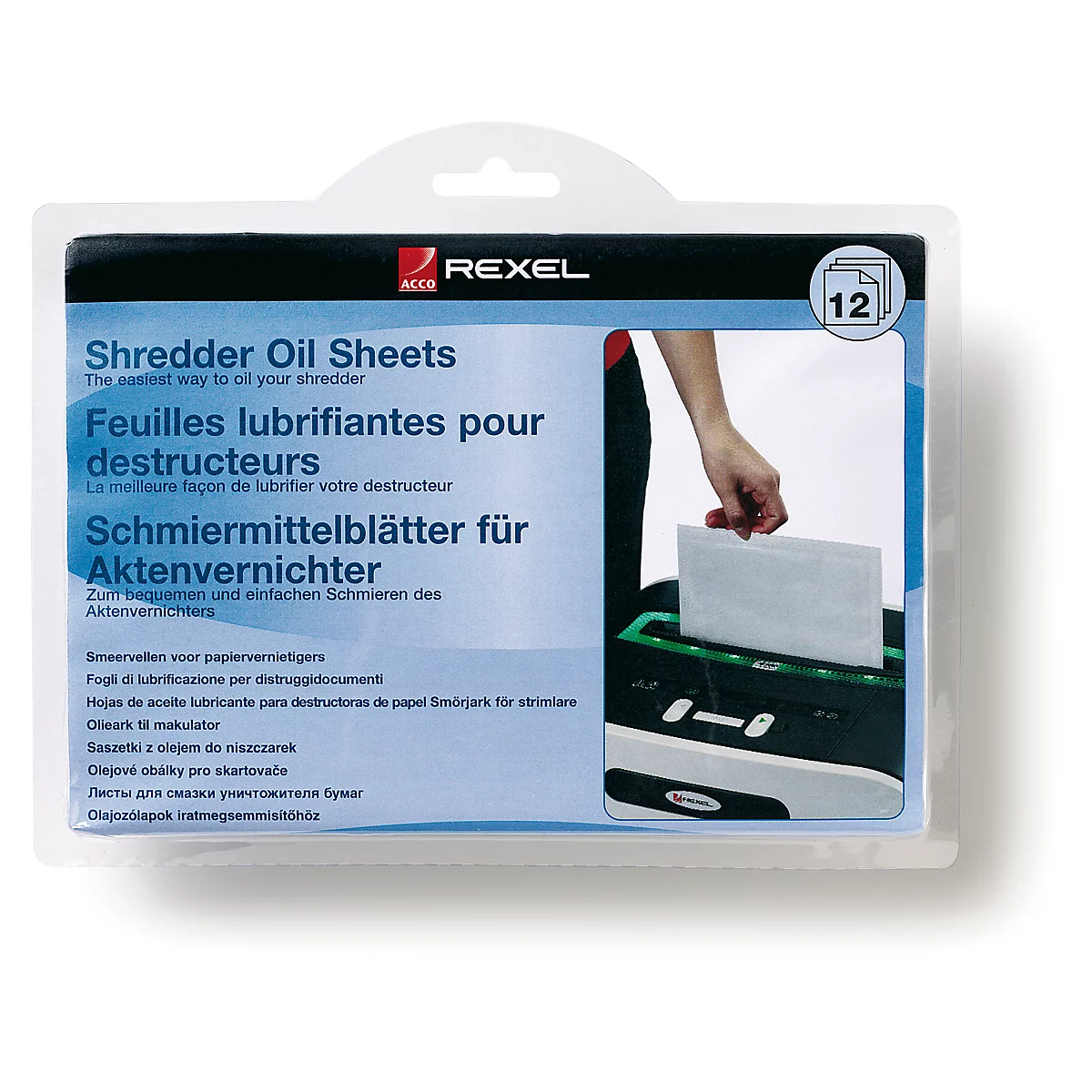 Een persoon steekt een olievel in een papierversnipperaar. Op de verpakking staat "Shredder Oil Sheets".
