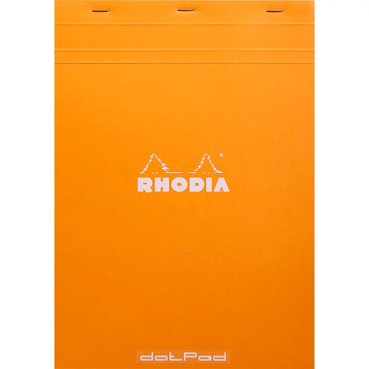 Rhodia Bloc No.18, 80 feuilles, DIN A4, 80 g/m², couverture cartonnée, agrafé, papier velin, certifié PEFC®, réglure à points, orange