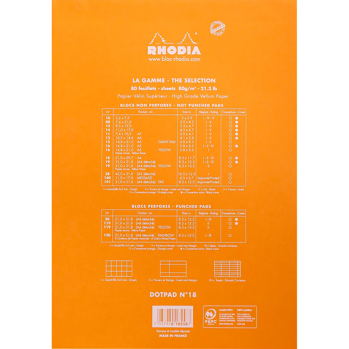 Rhodia Bloc No.18, 80 feuilles, DIN A4, 80 g/m², couverture cartonnée, agrafé, papier velin, certifié PEFC®, réglure à points, orange