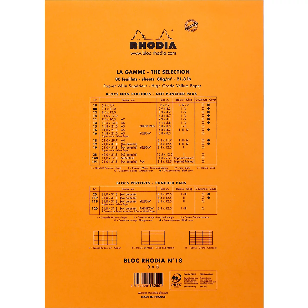 Rhodia Block No.18, 80 Blatt, DIN A4, 80 g/m², Kartoneinband, geheftet, Velinpapier, PEFC®-zertifiziert, kariert, orange