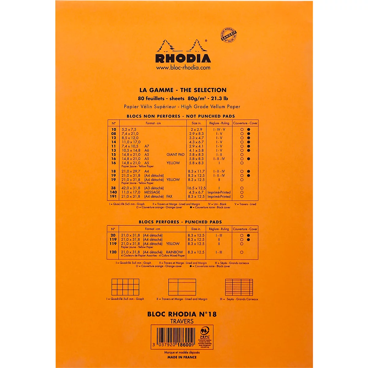 Rhodia Block No.18, 80 Blatt, DIN A4, 80 g/m², Kartoneinband, geheftet, Velinpapier, PEFC®-zertifiziert, liniert, mit Rand, orange